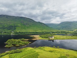 Kilchurn Castle from a drone, Loch Awe, Argyll and Bute, Scotland, UK