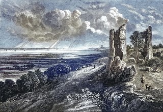 Landscape by the sea with a ruined castle c. 1880, Hadleigh Castle is a ruined castle on a ridge of