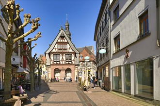 Hofheim, Germany, March 2021: Street with traditional half timbered buildings in old historic city