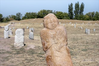 Balbals, historical gravestones in the shape of human faces, near Tokmok, Chuy, Kyrgyzstan, Asia