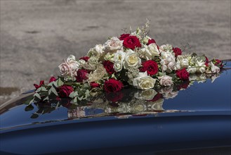 Bridal bouquet on a bridal car, Bavaria, Germany, Europe