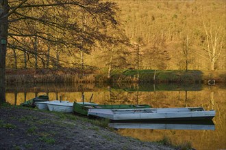 Lake with boats at sunrise, Freudenberg am Main, Untermain, Spessart, Odenwald, Franconia,