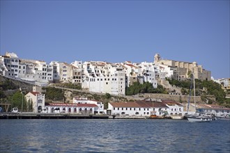 Old town and boats in the natural harbour of Mao, Mahon, Menorca, Spain, Europe