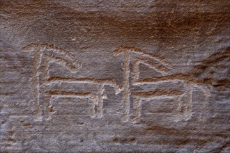 Rock engravings of two ibexes, Wadi Abu Oud, near AlUla, Medina Province, Saudi Arabia, Arabian