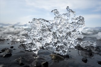 Ice, piece of ice on black pebble beach, Jökulsárlón glacier lagoon, glacial lake, southern edge of