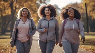 Happy over weight african american female friends enjoying a healthy run in the park together.