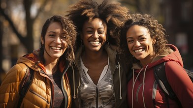 Three african american female friends getting together in the park for some exercise. generative AI