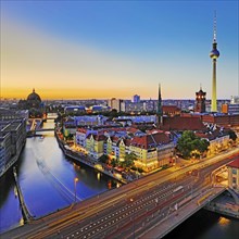 City panorama with Spree, Cathedral, Nikolai Quarter, Red City Hall and TV Tower in the evening,