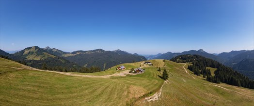 Drone shotMountain landscape, alpine meadow with alpine huts on the Feichtensteinalm, Hintersee,