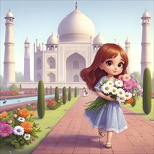 Cute anime girl with flowers near Tajmahal. AI generated