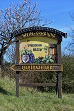 Sign at the entrance of Gleisweiler, county Südliche Weinstraße, Rhineland-Palatinate, Germany,