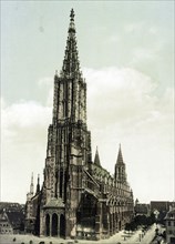 The City of Ulm and Ulm Minster, in Bavaria, Historical, digitally enhanced reproduction of a