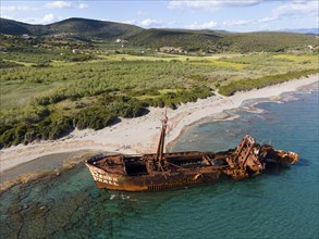 Drone shot, Dimitrios shipwreck, Glyfada beach, Selinitsa, Gythio, Githio, Gythion, Mani, Lakonia,