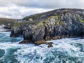 St Agnes Beach and cliffs from a drone, Saint Agnes, Cornwall, England, United Kingdom, Europe