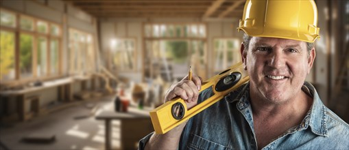 Happy male contractor at a construction site wearing a hard hat and work gloves holding his level