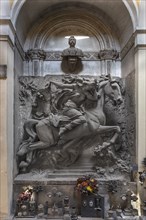 Monumental sculpture, young woman on a horse at a grave in the Monumental Cemetery, Cimitero