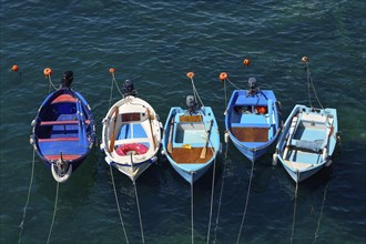 Fishing boats in the harbour of Riomaggiore, Cinque Terre, province of La Spezia, Liguria, Italy,