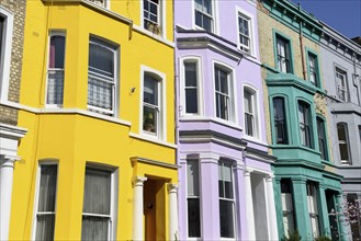 Colourful house facades on Lancaster Road, detail, Notting Hill, London, England, United Kingdom,