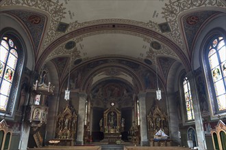 Interior of the parish church Maria Opferung, built in 1889, Riezlern, Kleinwalsertal, Austria,