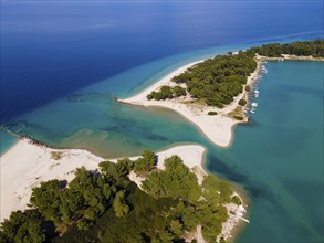 Aerial view, lagoon, beach and harbour, Glarokavos, Pallini, Kassandra Peninsula, Chalkidiki,