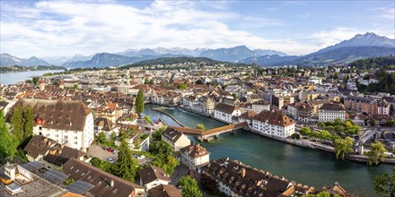 Lucerne city on the river Reuss with Spreuerbrücke and Lake Lucerne panoramic view from above in