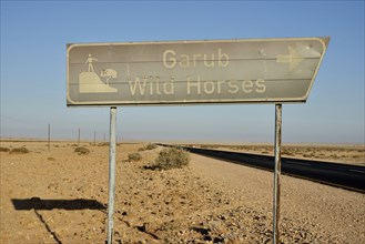 Sign Desert Horses of Garub, Garub wild horses, near Aus, Karas Region, Namibia, Africa