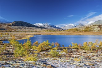 Autumn tundra with mountains and lake, Rondane National Park, Norway, Europe