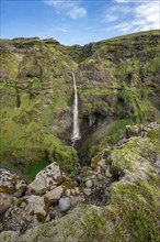 Mountain landscape with canyon, Hangandifoss waterfall in Múlagljúfur Canyon, Sudurland, Iceland,