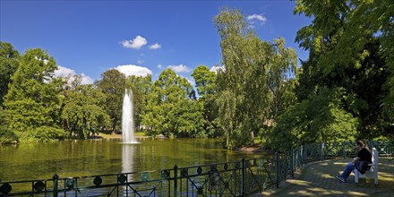 Fountain in the pond, Warmer Damm Landscape Park, Wiesbaden, Hesse, Germany, Europe