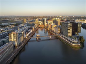 Modern architecture at the Media Harbour at sunrise, Düsseldorf, North Rhine-Westphalia Germany