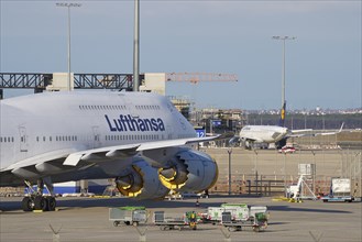 Airport during the corona crisis parked Lufthansa boeing 747, Frankfurt am Main, Hesse, Germany,