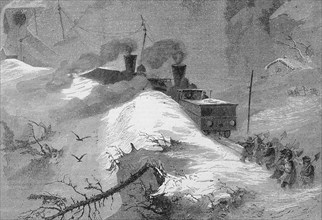 A train in an accident in the middle of the snow on the railway line over the Brenner Pass, 1869,