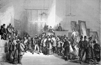 A sale of paintings at the auction house, 1869, Paris, France, Historic, digitally restored