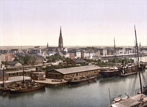 View of Bremerhafen, Bremerhaven, seen from the lighthouse, harbour, Historic, digitally enhanced