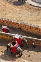 AMER, INDIA, NOVEMBER 18, 2012: Tourists riding elephants on ascend to Amer (Amber) fort,