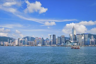 HONG KONG, CHINA, MAY 1, 2018: Hong Kong skyline cityscape downtown skyscrapers over Victoria