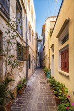 Scenic picturesque streets of Chania venetian town with coloful old houses. Chania greek village in