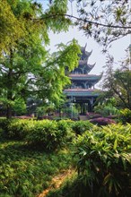 Wangjiang Pavilion in Wangjianglou Park among trees. Chengdu, Sichuan, China, Asia