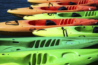 Colourful canoes in the boat harbour in Esparron-de-Verdon, Lac d Esparron, Provence-Alpes-Côte