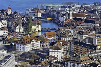 City view with Spreuer Bridge, Chapel Bridge, Water Tower on the Reuss, Old Town, Lucerne, Canton