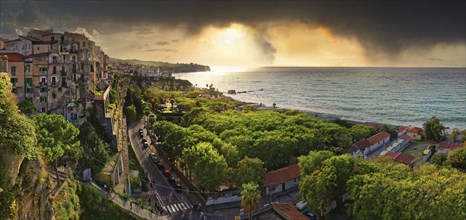 Sea view from the historic old town of Tropea at sunset, Tropea, Vibo Valentia, Calabria, Southern