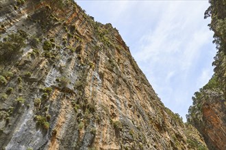 Gorge wall, cloudy blue sky, Samaria Gorge, Omalos, Lefka Ori, White Mountains, West Crete, Island