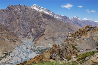 Dhankar monastry perched on a cliff in Himalayas. Dhankar, Spiti Valley, Himachal Pradesh, India,