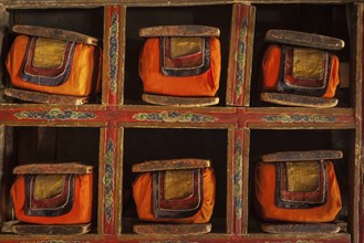 Folios of old manuscripts in library of Thiksey Gompa (Tibetan Buddhist Monastery) . Ladakh, India,