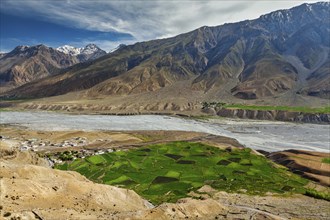 View of Spiti valley, village and Spiti river in Himalayas. Spiti valley, Himachal Pradesh, India,