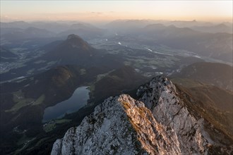 Aerial view, evening mood in the mountains, summit of the Schaffauer, Wilder Kaiser, Tyrol,