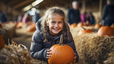 Happy young girl showing off her large ripe fall pumpkin at the pumpkin patch, generative AI