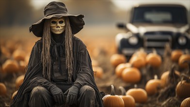 Scary ghostly halloween scarecrow figure sitting amongst the country pumpkin patch, generative AI