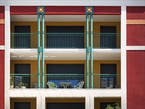 Colourfully decorated facade with balconies, detail, holiday flats, Arcachon, Gironde, Aquitaine,