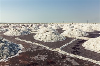 Salt heaps at salt mine at Sambhar Lake, Sambhar, Rajasthan, India, Asia